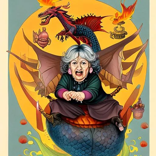 Prompt: a old angry and stupid woman sitting on a flying Dragon 