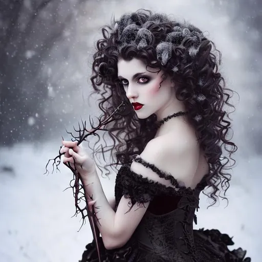 Prompt: victorian vampire , curly hair, glamorous dress and heels, thorns, Beautiful eyes, snow