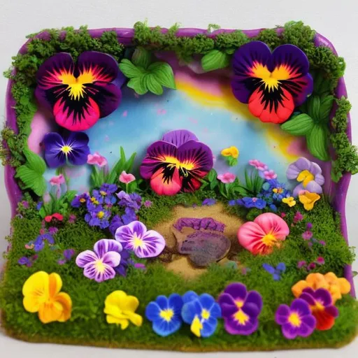 Prompt: Lisa frank style pansy garden diorama