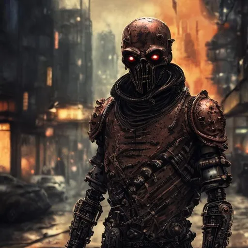 Prompt: Redesigned cybernetic futuristic military metal tarnished copper detailed armour. dark evil nazi-redskull-ellboy-wolverine. Bloody. Hurt. Damaged mask. Accurate. realistic. evil eyes. Slow exposure. Detailed. Dirty. Dark and gritty. Post-apocalyptic Neo Tokyo with fire and smoke .Futuristic. Shadows. Sinister. Armed. Fanatic. Intense. 