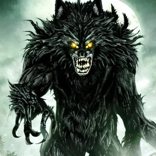 Prompt: The werewolf is huge, standing at seven feet tall. Its fur is black and shaggy, and its claws are long, sharp, and gleaming in the moonlight. Its teeth are powerful and capable of ripping through someone's skin. Its eyes glow yellow and seem to pierce through the darkness. It stands on two legs, with a powerful, muscular build.