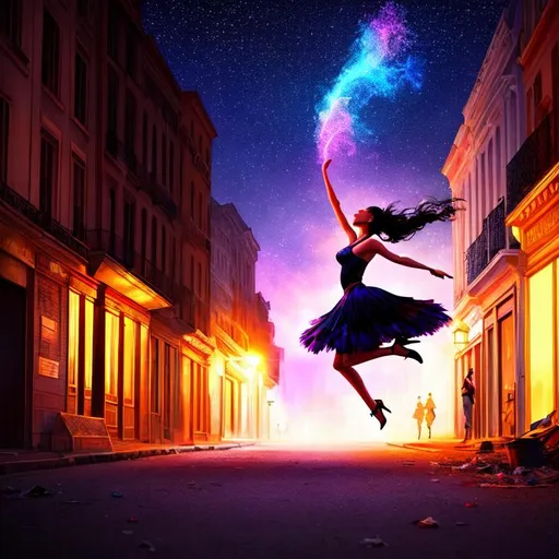 Prompt: Digital painting of a beautiful woman dancing, jumping, sad, alone under a street lamp in the middle of the night, movie poster, rule of thirds, post apocalypse,  ruins, buildings on fire, trash, vaporwave, stars, veils