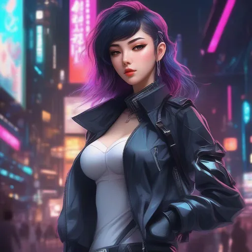 Prompt:  cyberpunk anime waifu, seamlessly merging futuristic aesthetics with alluring femininity. Envision her as a captivating figure with wide hips and enticing thick thighs, perfectly complemented by a cutting-edge, stylish outfit that embodies the essence of cyberpunk fashion. Infuse her with undeniable allure and charm, capturing the essence of a powerful yet irresistibly appealing character.
