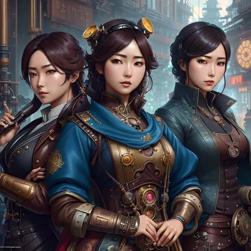 Prompt: steampunk asian kpop idol group, highly detailed, digital painting, artstation, hyperrealistic, sharp focus, illustration, art by artgerm and greg rutkowski and alphonse mucha, 8k, pretty eyes, award-winning cgi, blender, headshot