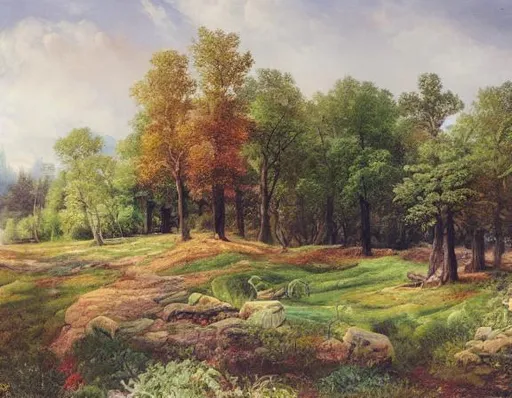 Prompt: Painted landscape of deep forest. Oil painting. Masterpiece. Ivan shishkin. Many different plants and trees. Some small mushrooms. One ginger dog is walking. Natural light. bright colours. 