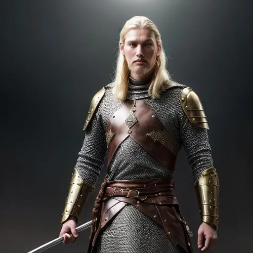 Prompt: fantasy, medieval, Tall man, slender, with pale yellow skin and brown eyes, and blonde hair, With a chainmail and spear on his back, UHD, 8k, high quality, ultra quality, perfect composition, trending art, trending on artstation, sharp focus, studio photo, intricate details, cinematic lighting, special effects, hyper realism, hyper realistic, oil painting, Very detailed, full body, full view of character, portrait
