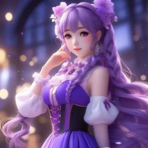 Prompt: 3d anime woman purple long curly pigtails hair and victoruab dress and beautiful pretty art 4k full HD