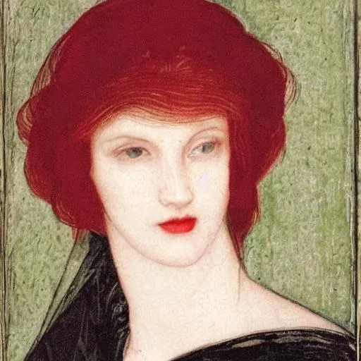 Prompt: A woman's face. She has a long elegant neck. She is very pale. Her lips are red and full. Her hair is long and bright red. All of her head and face are visible. A lot of texture. In the style of Rosetti. 