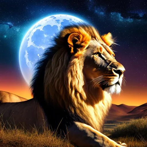 Prompt: lion,  UHD, HDR, 8K, RPG, UHD render, HDR render, 3D render cinema 4D, cinematic light, high res intricately detailed complex background night time bright stars in the sky and full moon in Africa