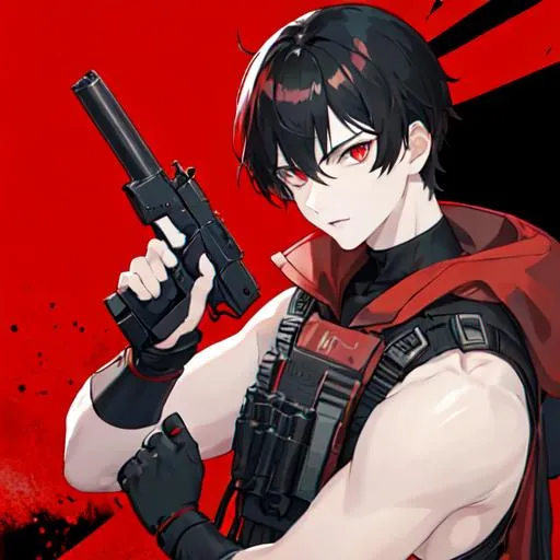 Prompt: 1male (pale) (medium black hair) (red eyes) he's holding a gun, nuclear fallout