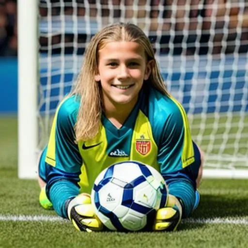 Prompt: 11 year old blonde long haired boy goalkeeper 

