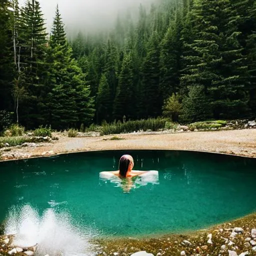 Prompt: A woman angel bathing in an heavenly pond,  white mountains in the background, mist and fog, wet body, wet hair, symmetrical face, freckles, side lighting, white leaves