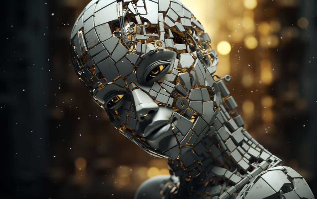 Prompt: a digital art piece of a woman being made of metal and plastic pieces, in the style of depth of field, gray and gold, tilt-shift lenses, cubist composition, serene faces, ceramic, uhd image