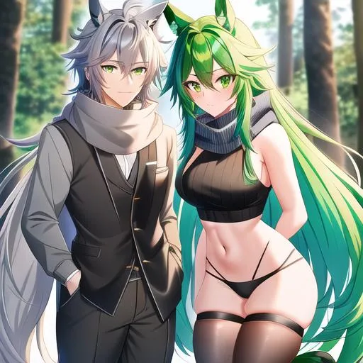 Prompt: Male. masculine build. human animatronic hybrid, with focused emerald eyes. Emerald colored feathery PEGASUS tail. Short dark Green ombre hair. horse ears. adult He wears grey comfy leggings, a white oversized sweater, brown boots. And a green scarf. Anime style. UHD, HD, 4K. In the forest.