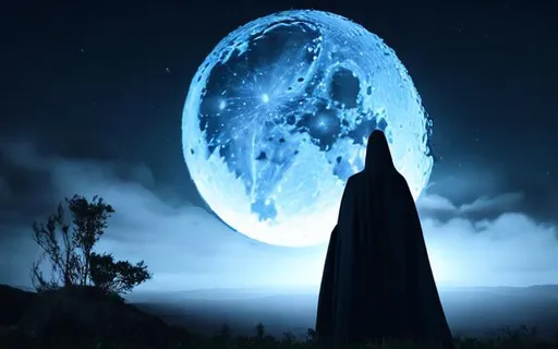 Prompt: Hooded and Cloaked Figure, Night Sky, Big Moon, Wallpaper, Hyperrealistic