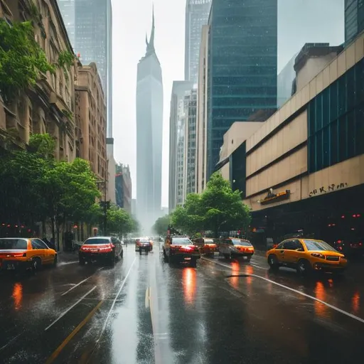 Prompt: rainy day in the city with some tress
make it eye catching
size (6000x6000)

