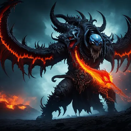 Prompt: a death knight with a Venom mouth (Venom movie), with horns forward on his forehead, orange fire eyes, flying, Hyperrealistic, sharp focus, Professional, UHD, HDR, 8K, Render, electronic, dramatic, vivid, pressure, stress, nervous vibe, loud, tension, traumatic, dark, cataclysmic, violent, fighting, Epic