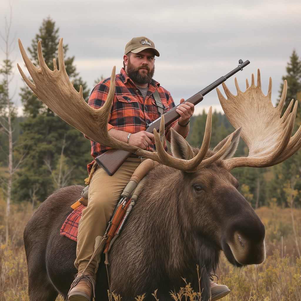 Man Riding A Elk Man in fkannel shirt with a rifle riding a moose