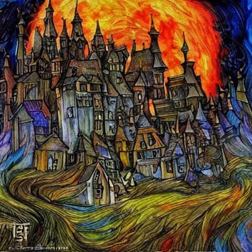 Prompt: Fantasy, Howl's Moving Castle, style of Vincent Van Gough, ultra realistic, unreal