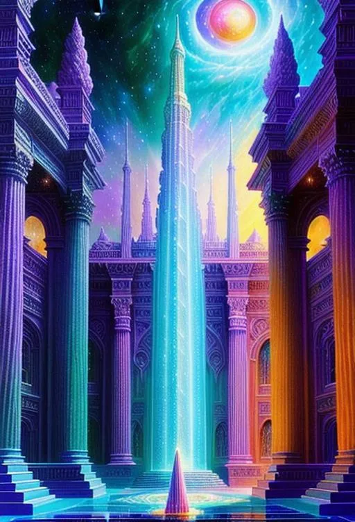 Prompt: Mansion of the Gods 64k resolution astral holographic cosmic illustration mixed media by Richard Wright Dan Mumford Zdzisław Beksiński Cinematic epic brilliant dazzling intricate meticulously detailed dramatic atmospheric maximalist digital painting galactic space cosmic hall light dimension