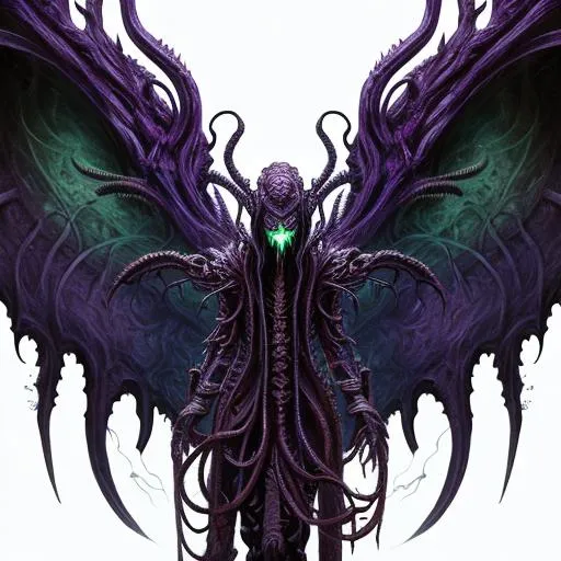 Prompt: eldritch god, horrifying, H.P Lovecraft, torn wings, sitting on throne of bones, dark purple and green tones, tentacles, gigantic being, trending on artstation, symmetrical face, Dark art, intricately detailed, octane render, other wordly, intricate detail, book cover, dark fantasy concept art, 8k, deviantart, digital painting, cinematic lighting, dramatic lighting.