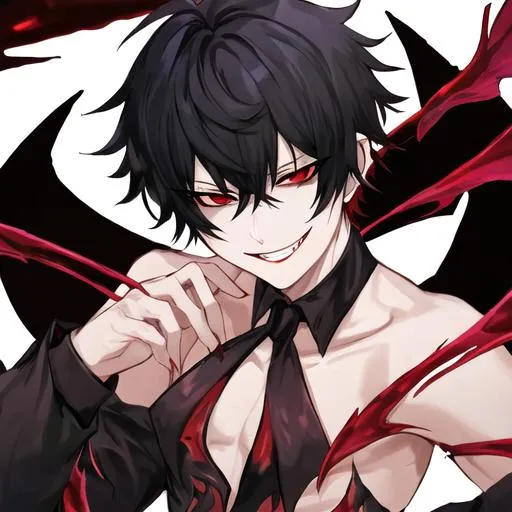 Prompt: Damien (male, short black hair, red eyes), demon form, grinning seductively, cracking a whip