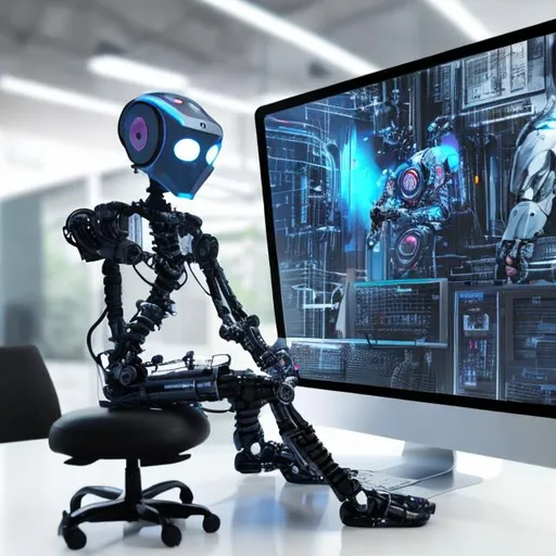 Prompt: Create a photo of a robot sitting at a computer doing graphic design.
