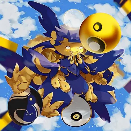 Prompt: A azure dragon with no wings flying on clouds with. a golden yin and yang ball in its hands inspired by a pokemon