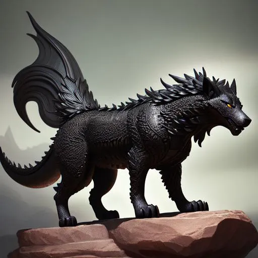 Prompt: obsidian statue of a four legged canine like dragon, perfect composition, hyperrealistic, super detailed, 8k, high quality, trending art, trending on artstation, sharp focus, studio photo, intricate details, highly detailed, by greg rutkowski, illustration, watercolor