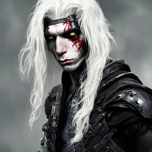 Prompt: human, young, white hair, men, mutant, scars, black clothes, blood, light armor, boy