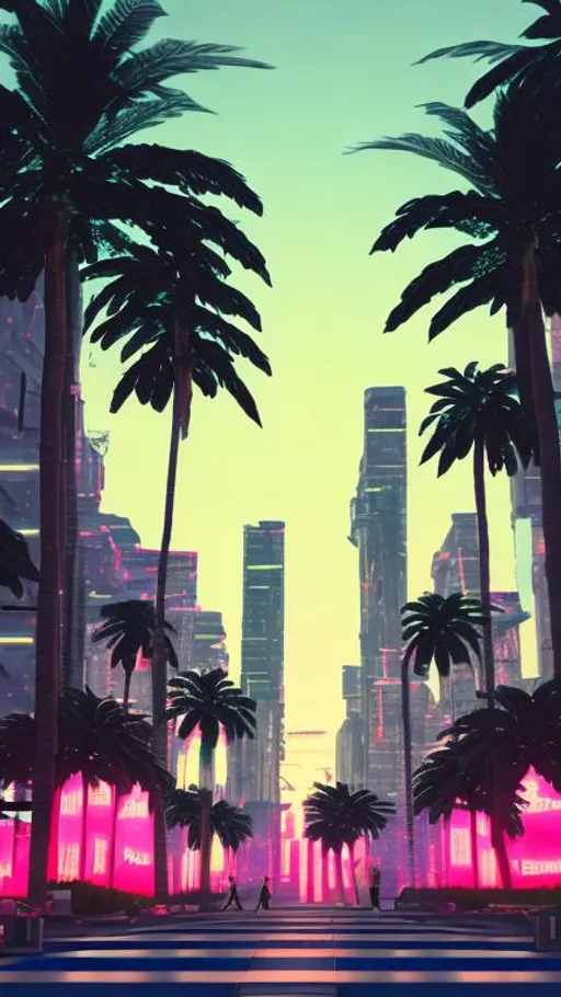 vaporwave city, neon lighting, beautiful sunset, pal... | OpenArt