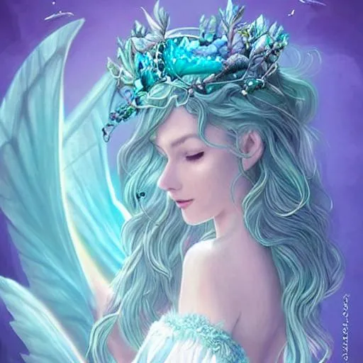 Prompt:  a fairy  with ocean vibes; cute face; light blue, white, sea green hairs; deep blue eyes; traditional light colored dress; white  and cream wings; a crown on forehead of sapphire with unique and traditional design, hyper realistic, super detailed, 8k, trending art, trendy style,  forest background with purple leaves