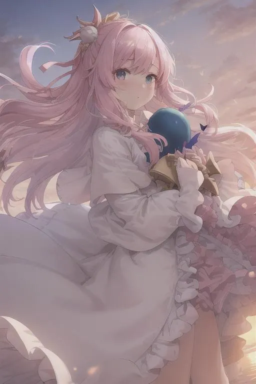 Prompt: (1girl, ((sunset)), (((in the sky))), ((clouds)), (((falling))), (((floating))), ((reaching))), (((wind blowing))), bridal gauntlets, capelet, closed mouth, white long dress, final fantasy, winged capelet, (((light pink hair))), hair band, hair between eyes, hair ornament, (((blue pupils))), looking at viewer, ((((short hair)))), shoulder wing, white gold theme, glowing light, (((yellow petals floating in the air))), (((light particles))), ((digital art)), best quality, masterpiece, detailed face)