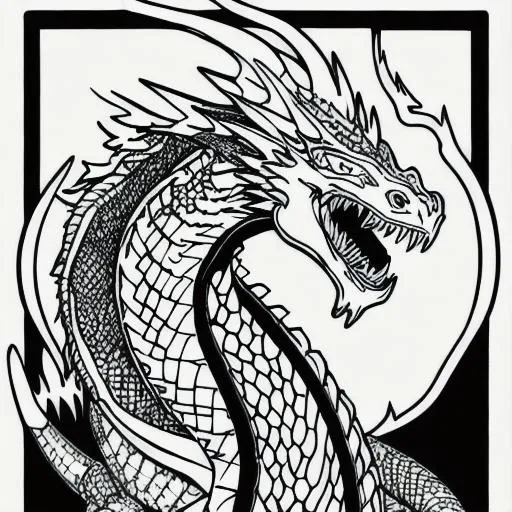 Prompt: black and white coloring page of a fire-breathing dragon