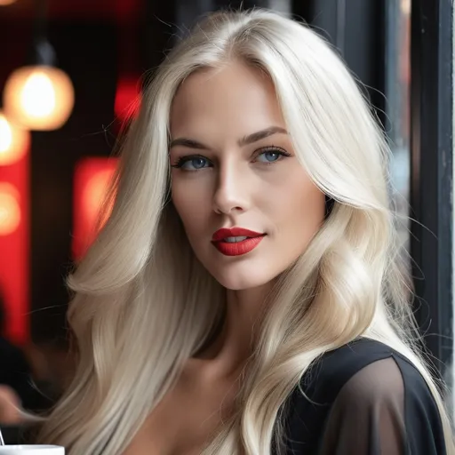 Prompt: beatiful, alluring white woman, young, slightly tanned with long, well kept white flowing soft hair, exudes elegance, small amount of mascara and  red lipstick and open revealing black robes, desaturated blue eyes, closed mouth , in a public cafe, remote, a window, dim red lighting