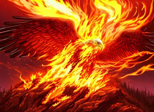 Prompt: Soaring eagle all on fire in anime style on a mysterious background