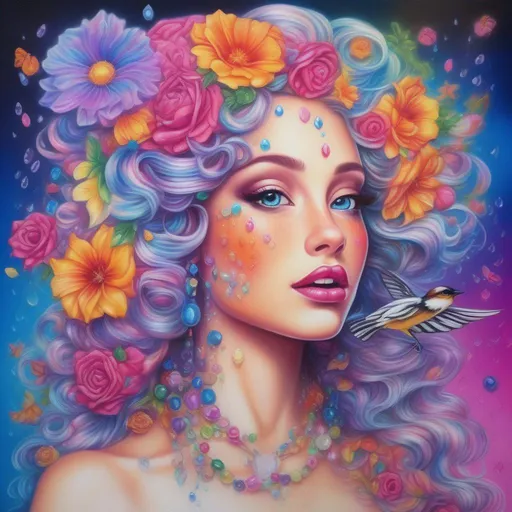 Prompt: A beautiful and colourful Persephone whose hair is made of clouds that rains down flowers made of jewels, while chickadees fly around her; in a photorealistic impressionistic Disney Lisa Frank style out of gel pen