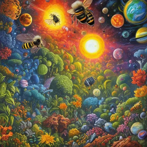 Prompt: Season painting, vivid, forest in Two rows, sunshine in the back, with elements of the Earth, bees,science fiction, space and abunch of planets, realistc