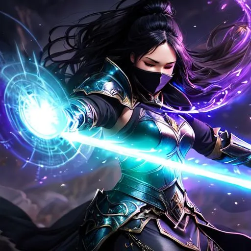 Prompt: Splash art of an women, armored mage, black armor, covered face, closed eyes, channeling arcane 
magicks, mana shooting 
from his hands, mystical 
energy in the air, action 
shot, heroic fantasy art, 
special effects, hd octane 
render, high resolution 