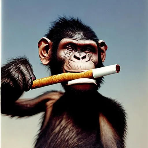 Prompt: chimp smoking a cigarette at the end of the world