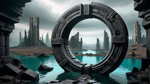 Prompt: magical portal between cities realms worlds kingdoms, circular portal, ring standing on edge, upright ring, freestanding ring, hieroglyphs on ring, broken ring, ruins, crumbling pillars, broken archways, ancient roman architecture, submerged underwater setting, panoramic view, futuristic cyberpunk tech-noir setting