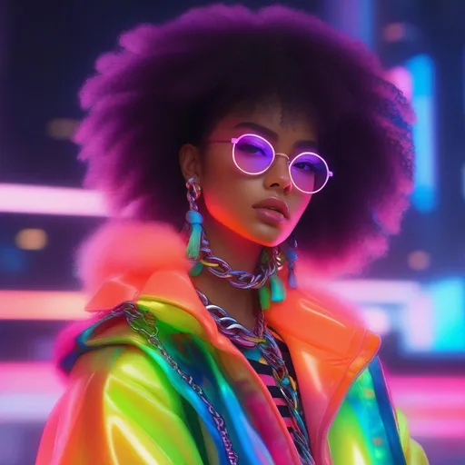 Prompt: a close up of a person with a chain around their neck, (((neon palette))), tsuaii, 80s hair, by Sophia Beale, wearing jacket, trending on artstation, skydoll noa, by Cicely Hey, multicolored, 8 0 s checkerboard 6 6 6, “uwu the prismatic person, sports jacket, art 