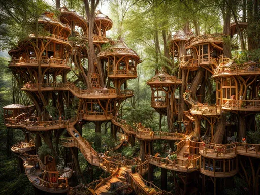 Prompt: arboreal treehouse village, by Arthur Adams, Clyde Caldwell, Tatsuo Miyajima, and Ernesto Neto 