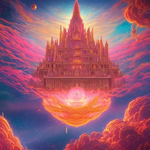 Prompt: A breath taking view of The temple of the spirit realm floating in the sunny sky surrounded by pink and gold cosmic space dust fantasy 100k realistic beautiful dream