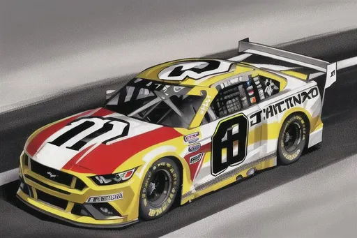 Prompt: Next Gen Nascar stock Ford Mustang car, sponsored by OpenArt, white and dark grey color scheme