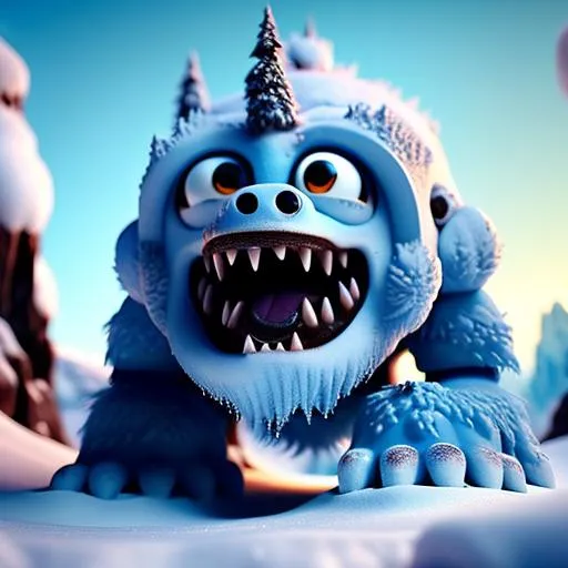 Prompt: an adorable abominable snow monster --no trending on artstation --no stylize --goofy, ray tracing light pillars, highly detailed, symmetrical, mountainous background, stop motion, 