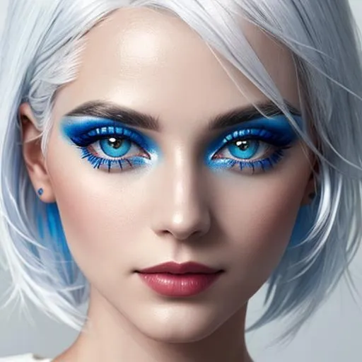 Prompt: A woman with white hair, blue eyeshadow, closeup