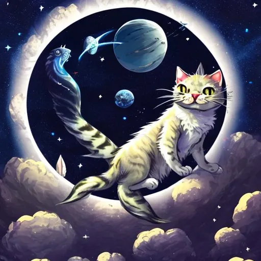 Prompt: space cat sunbathing on the moon
eating a fish
