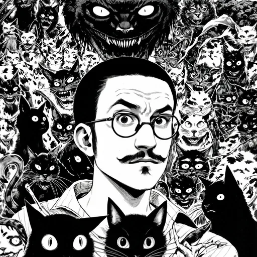 Prompt: Junji Ito manga style, man surround bat cats
