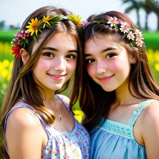 Prompt: two  cute girls, flowers in hair, surrounded by flowers
